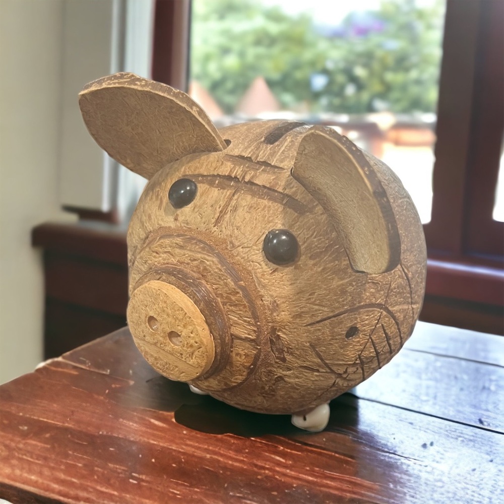 Hand carved coconut piggy bank with shell feet